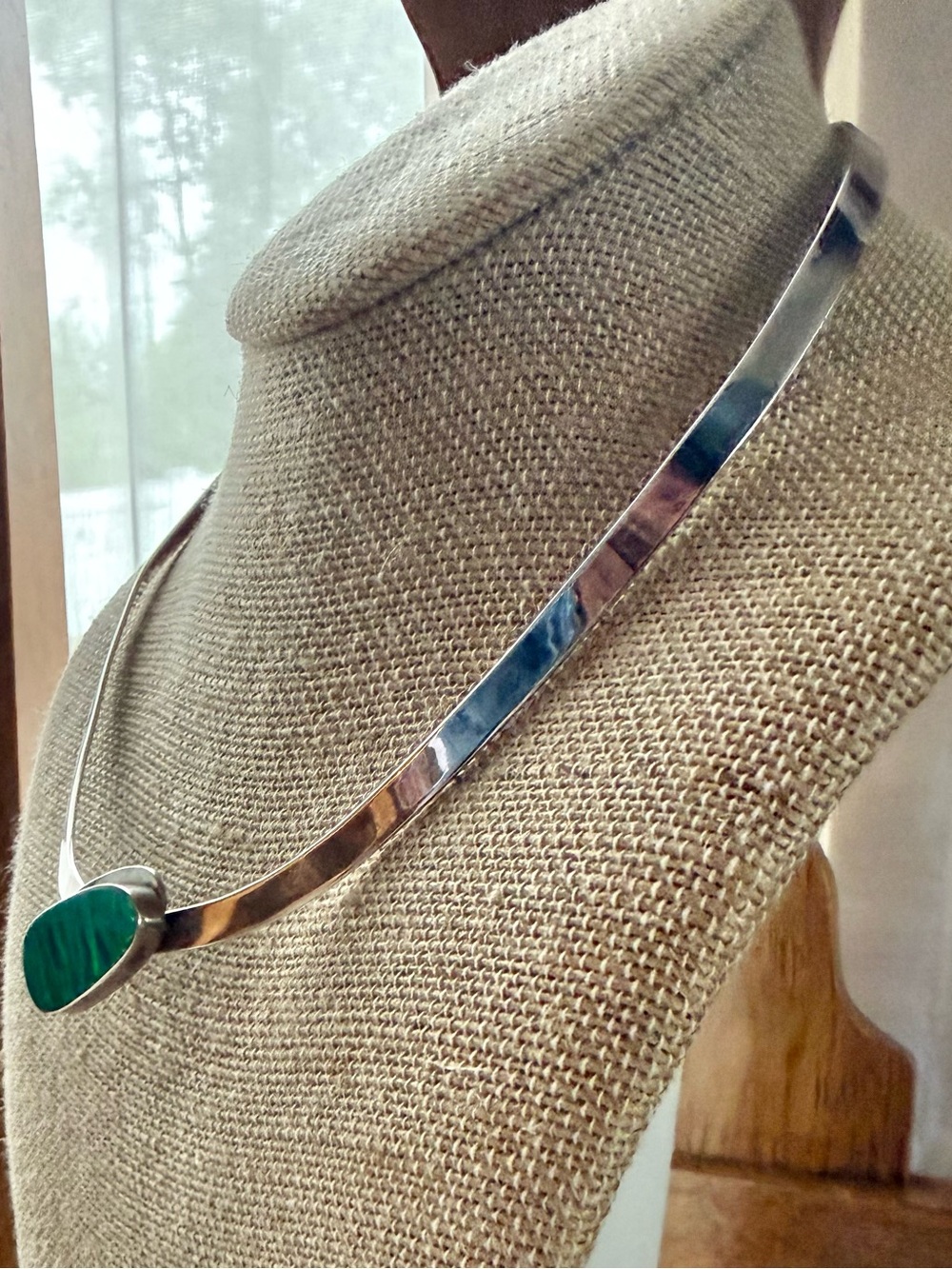 Taxco Mexico Sterling Silver Choker Necklace w/Green Opal Center 16 in vintage - Picture 5 of 17